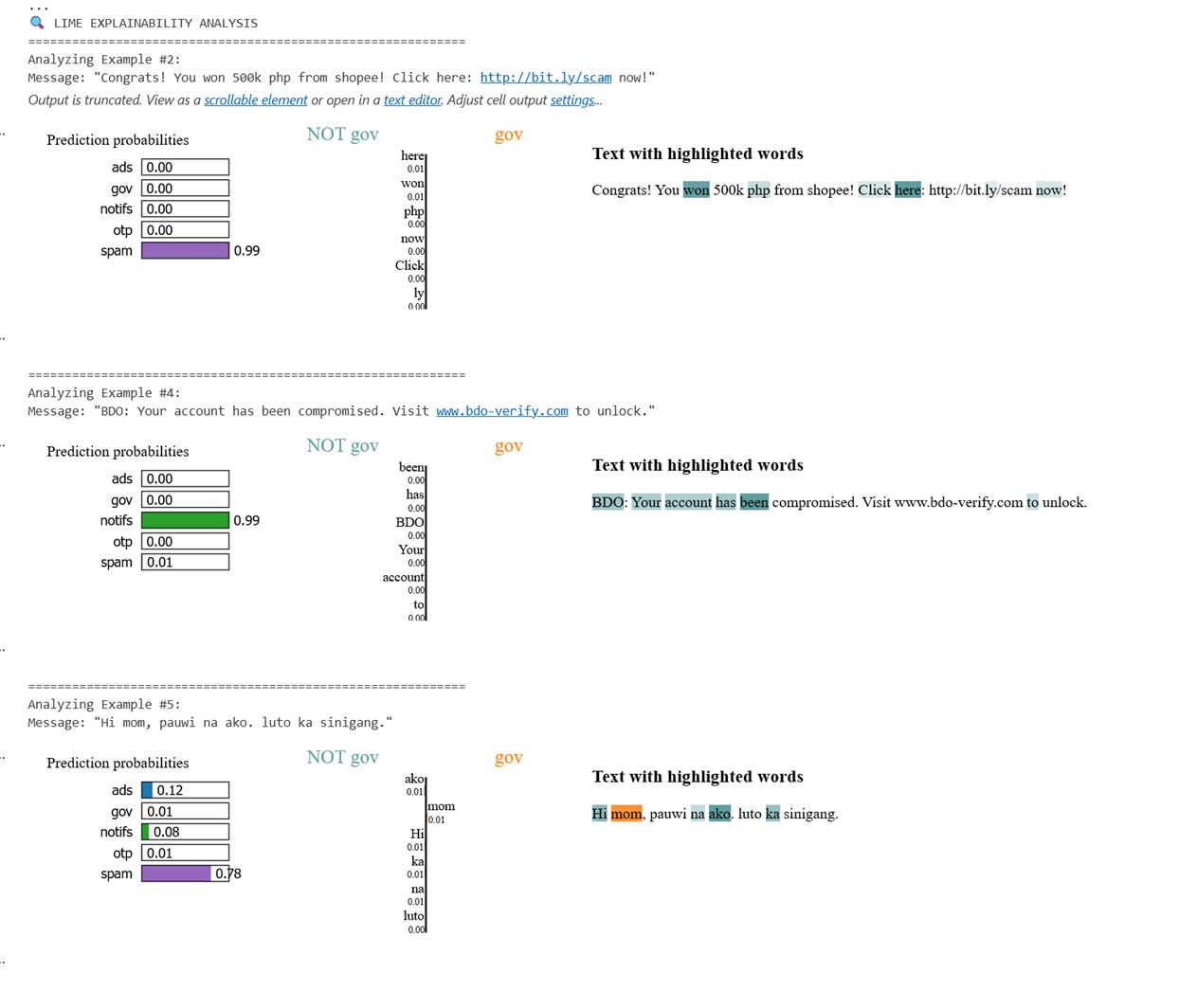 LIME visualization showing weighted words